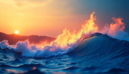 Fiery wave at sunset illustration capturing ocean powerの写真素材