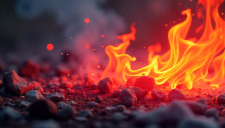 Burning Flames Among Rocks on Ground Hot Surfaceの写真素材