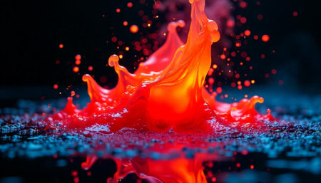 Dynamic red liquid splash with blue reflection on dark backgroundの写真素材