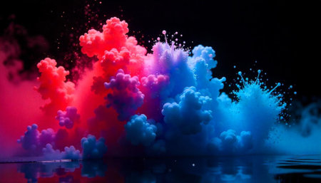Abstract colorful cloud explosion over reflective surface on black background