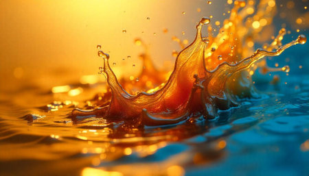 Golden liquid splash creates captivating visual effect, backlit scene