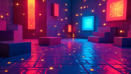 Abstract futuristic room with glowing panels and blocks