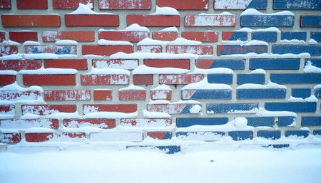 Snow-Covered Brick Wall Showing Red, White and Blue Colorsの写真素材