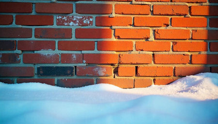 Brick wall covered with winter snow in warm sunlightの写真素材