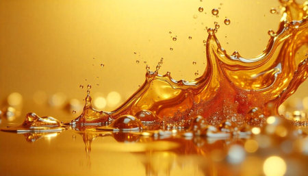 Golden liquid splash with droplets and smooth reflectionsの写真素材