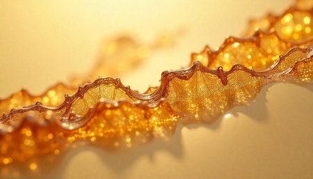 Golden shimmering liquid with undulating edge against gold backgroundの写真素材
