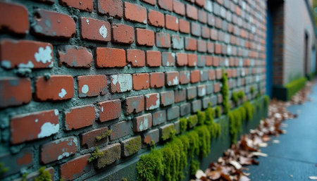 Rustic red brick wall overgrown with moss and foliageの写真素材