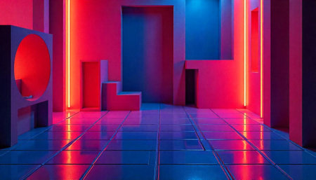 Abstract geometric space with neon lights and glossy floor