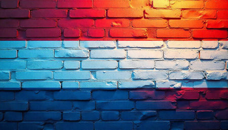 Painted brick wall with red, white, and blue colorsの写真素材