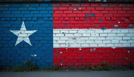 Distressed painted brick wall featuring a star and stripes