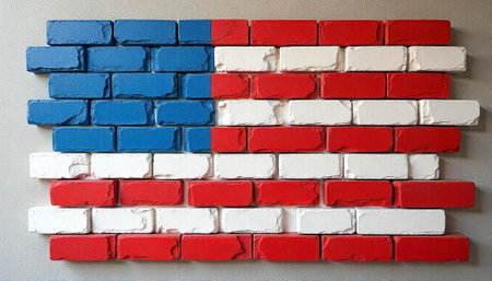 American Flag Painted on Brick Wall Close Up Displayの写真素材