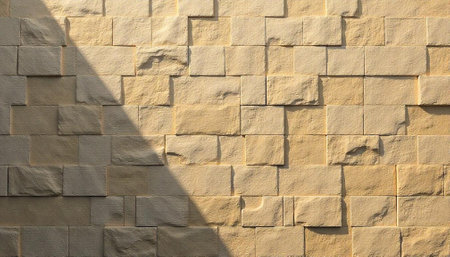 Textured sandstone brick wall with sunlight and shadow patterns