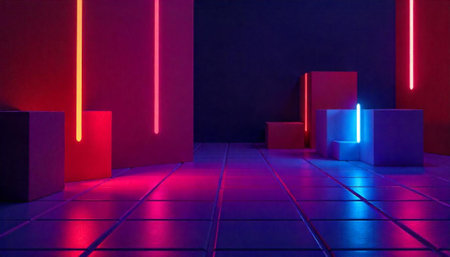 Abstract geometric stage with neon lights and cubes