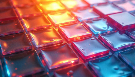 Illuminated glass tile pattern with vibrant color gradientsの写真素材