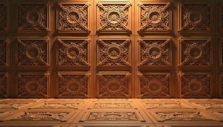 Ornate carved wooden panel background with intricate design patterns