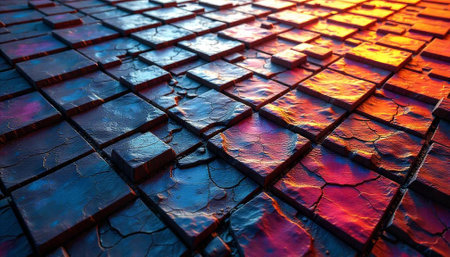 Cracked block pattern in shades of blue and orangeの写真素材