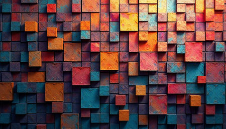 Abstract mosaic of vibrant, textured squares creating a wall