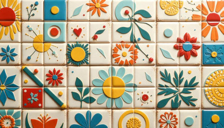 Decorative tile pattern with flowers and leaf designs in reliefの写真素材