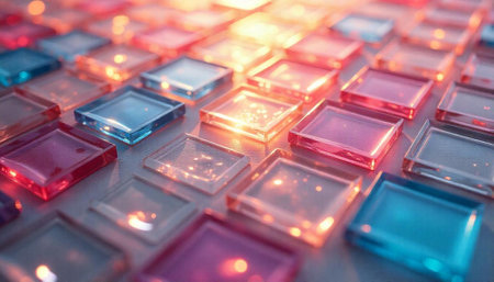 Abstract glass tile arrangement with illuminating vibrant color schemeの写真素材