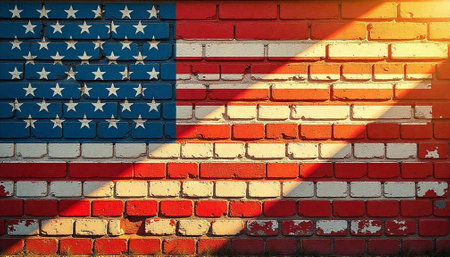 American flag painted onto old brick wall with sunlightの写真素材