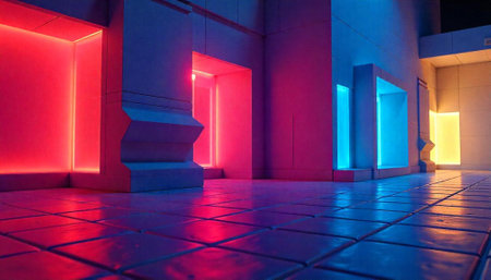 Geometric hallway interior with neon illumination and tiled floor