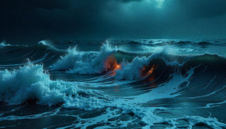 Dramatic ocean waves crashing under dark stormy sky