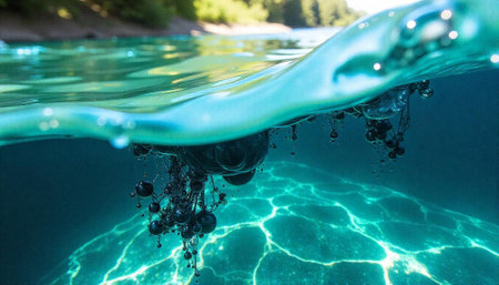 Underwater scene showcasing bubbles and refracted light patternsの写真素材