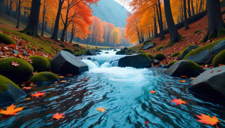 Autumn river flowing through a forest landscape sceneの写真素材