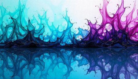 Abstract flowing watercolor art with reflected colorful wave patternsの写真素材