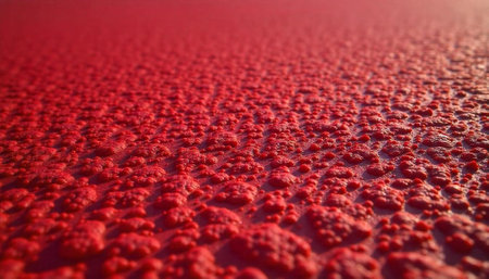 Textured red surface with bubbly abstract organic appearance macroの写真素材