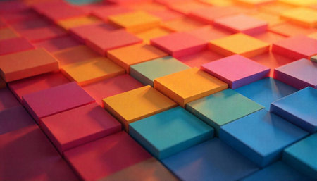 Abstract arrangement of vibrant colorful square blocks in a patternの写真素材