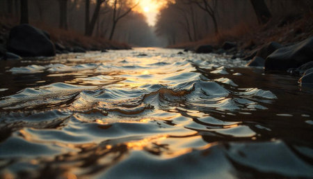 Golden hour sunlight reflecting on a flowing river surfaceの写真素材