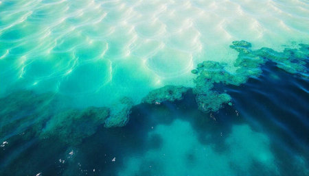 Crystal clear turquoise water over coral reefs in tropics