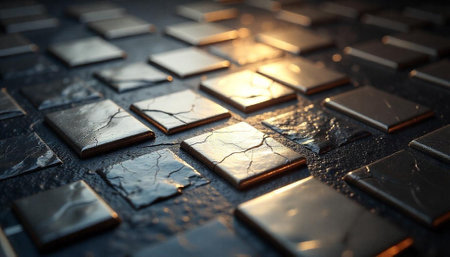Abstract geometric pattern with cracked squares and lighting detailsの写真素材
