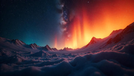 Spectacular Aurora Borealis over Snowy Mountain Range Landscapeの写真素材
