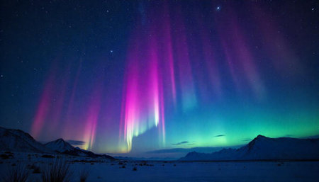 Aurora borealis illuminates snow covered landscape at night timeの写真素材