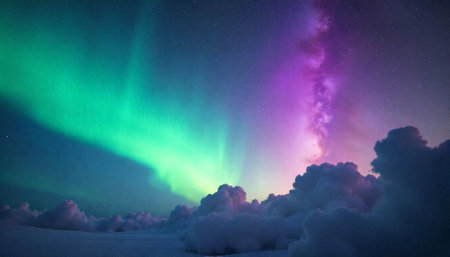 Aurora borealis and milky way in the arctic skyの写真素材