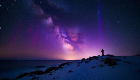 Person gazing at the Milky Way over snowy landscapeの写真素材