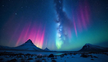 Aurora Borealis paints the night sky over Icelandic mountainsの写真素材