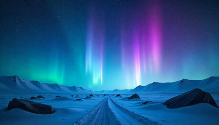 Winter landscape with aurora borealis illuminating a snow path