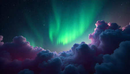 Dreamlike aurora borealis illuminates pastel clouds in night skyの写真素材