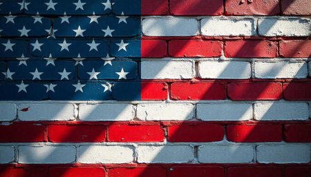 American flag design painted on a rustic brick wallの写真素材