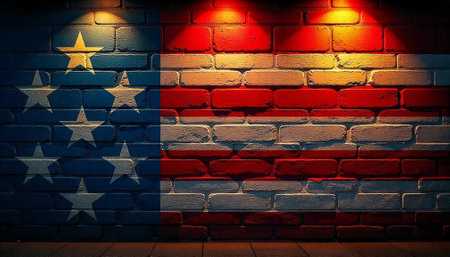Painted brick wall resembling a US flag artwork displayの写真素材