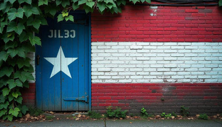 Patriotic Brick Wall and Door with Climbing Vinesの写真素材