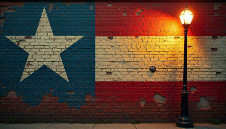 Texas flag mural on old brick wall at nightの写真素材
