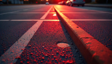 Asphalt parking lot painted lines at sunset with vehiclesの写真素材