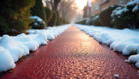 Red pathway through snowy landscape in winter sunlightの写真素材