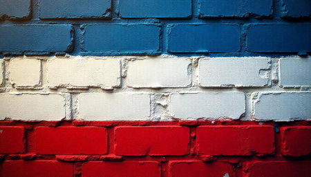 Painted brick wall featuring red white and blue colorsの写真素材