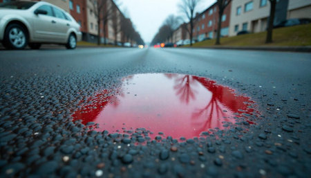Rainy street scene reflecting tree in puddle of waterの写真素材
