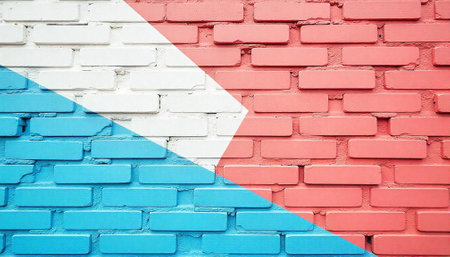 Colorful painted brick wall background with diagonal color separationの写真素材